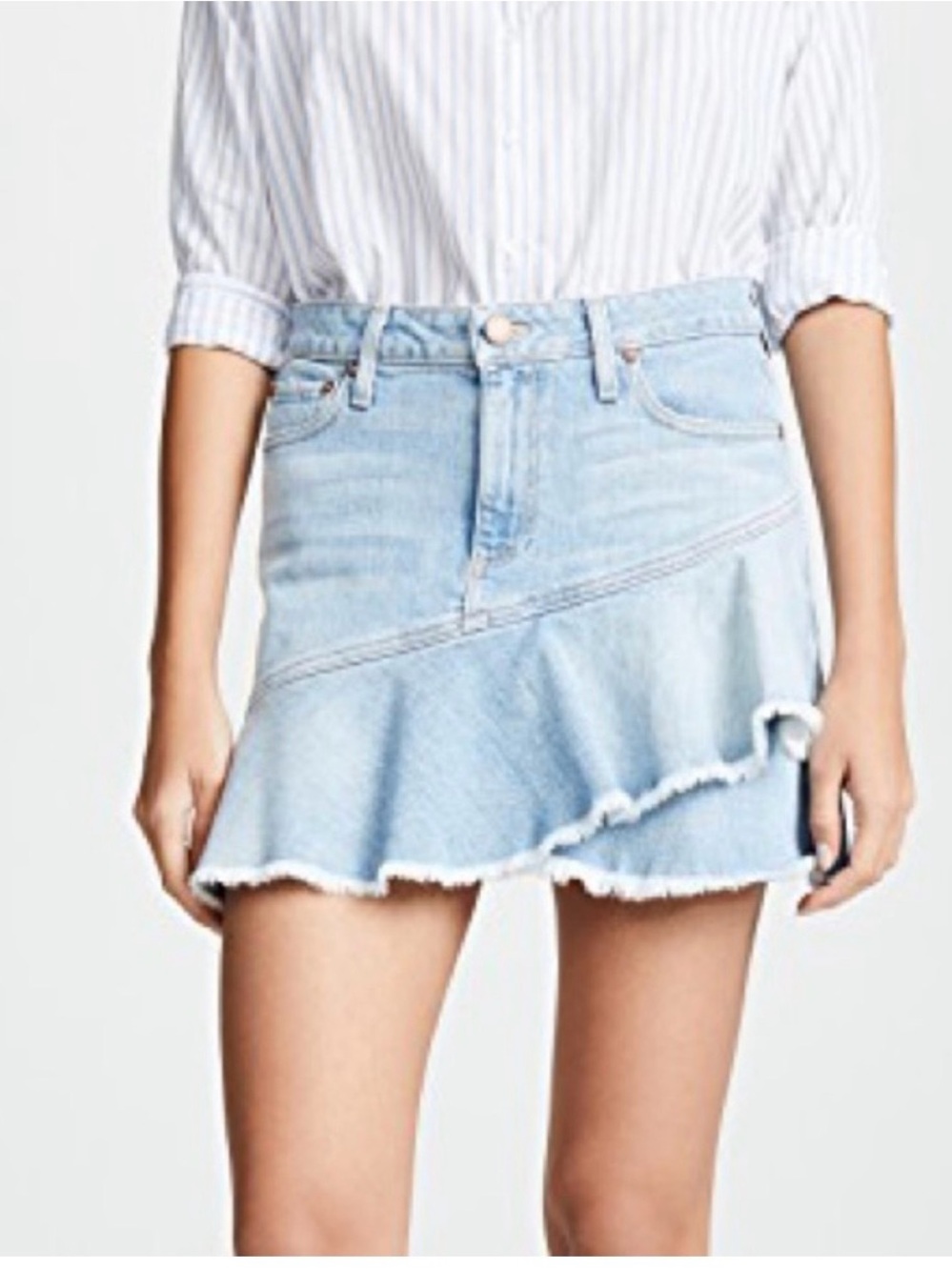 Alice + Olivia Washed Light Blue Denim Asymmetrical Ruffle Mini Skirt